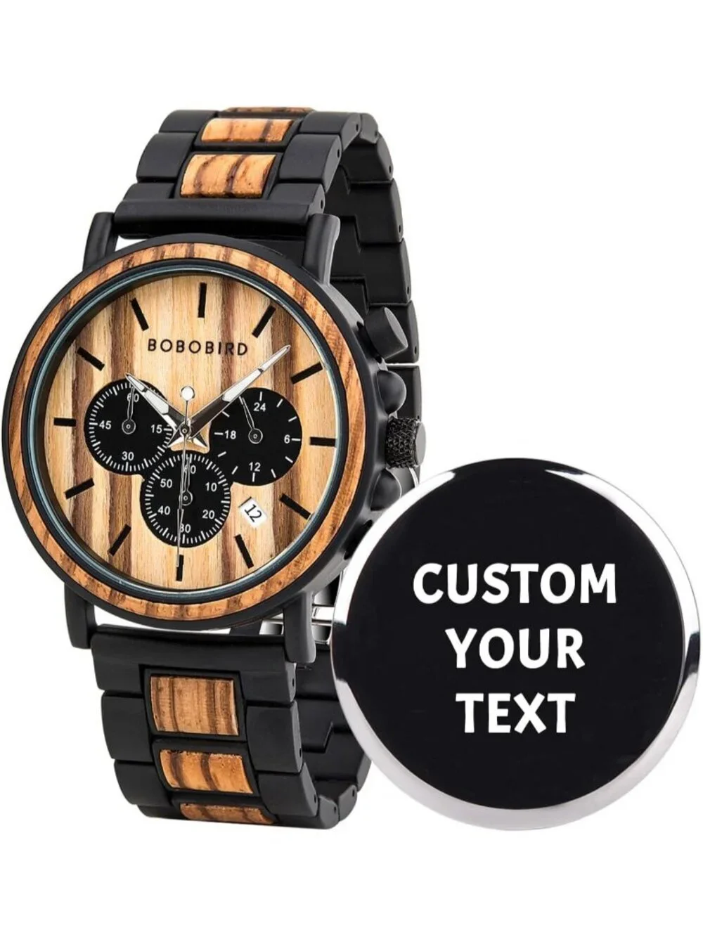 Men's Custom Watche Wood & Stainless Steel Combined Chronograph Military Quartz